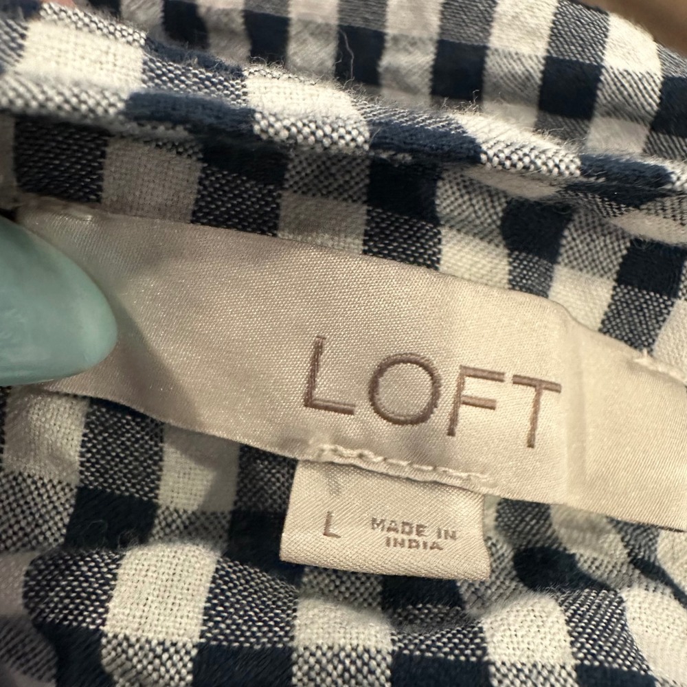 LOFT Womens Navy Gingham Check Wrap Top Short Flutter Sleeve Cotton Size L - Picture 4 of 6